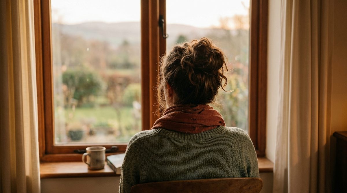 A person pausing by a window with a warm drink, taking a quiet moment