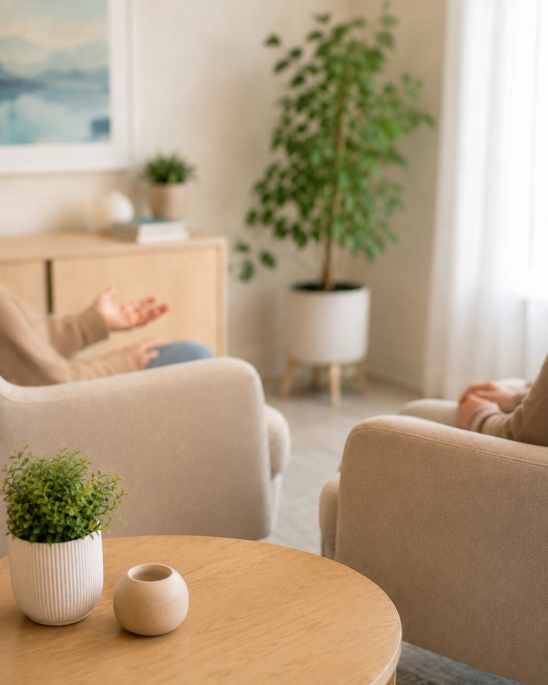 A calm, light-filled room with two soft armchairs facing each other, a tall leafy plant and a round wooden table with a small plant and stone vase — a warm, unhurried space to talk and be listened to
